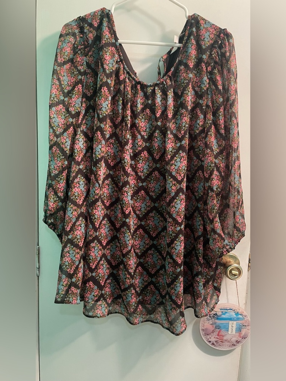 Sheer Black Floral Boho Blouse with Pink & Blue Flowers Lc Lauren Conrad 3X